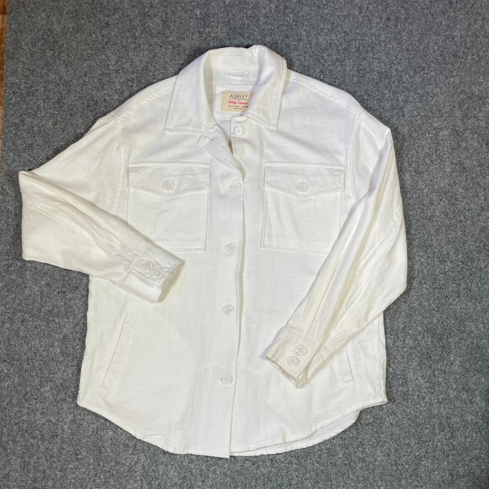 Ashley‎ Utility Shirt Jacket Women Small White Linen Blend JKJR3625